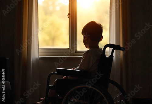 The child is sitting in a wheelchair in front of the window, view from the back