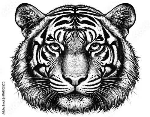 Detailed Black and White Tiger Face Vector, Front View, Isolated on Transparent Background