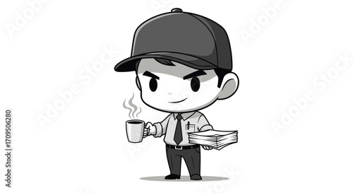 A cartoon man in a cap and shirt holds a coffee cup and a pizza box.
