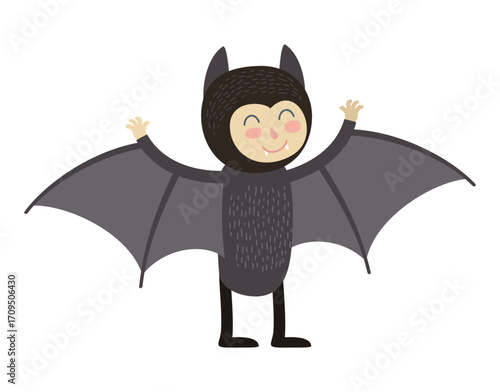 Cute Child in Bat Costume. Halloween Cartoon Character. Vector illustration.