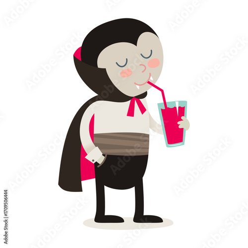Cute Child in Dracula Costume Drinking juice. Halloween Cartoon Character. Vector illustration.
