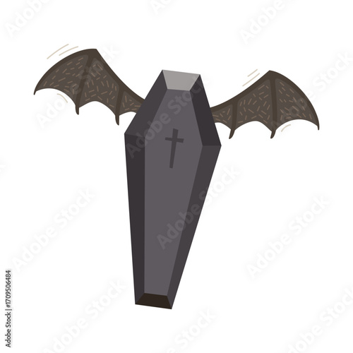Flying Coffin with Bat Wings Halloween Cartoon Vector Illustration.