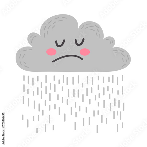 Sad Cartoon Raincloud with Blushing Cheeks Vector Illustration.