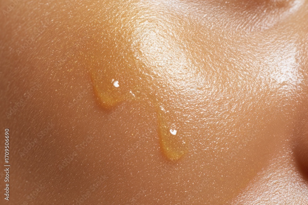 Fototapeta premium Golden oil droplets glisten on smooth skin, showcasing hydration