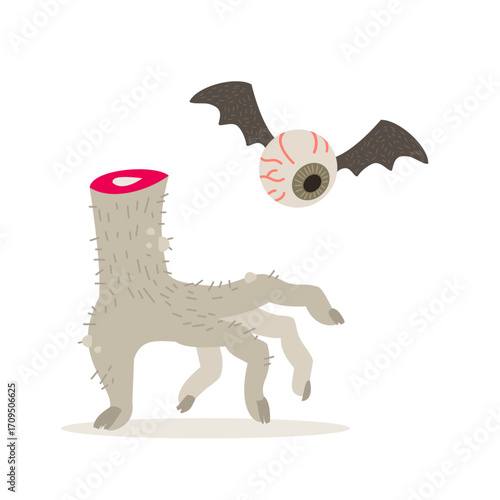 Cartoon Creepy Halloween Severed Hand and Flying Eyeball. Vector Illustration.
