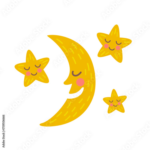 Smiling Moon and Stars. Cute Cartoon Night Sky Vector Illustration.