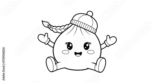 Adorable cartoon character dressed in winter clothing with mittens and a hat.