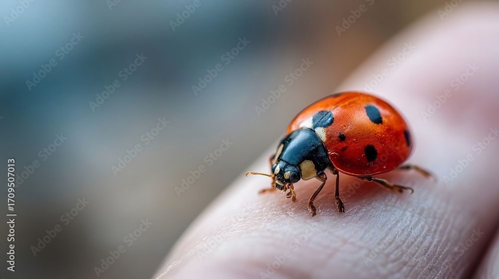 Fototapeta premium A ro shot of a red and black spotted ladybug resting on a human finger showcasing intricate details