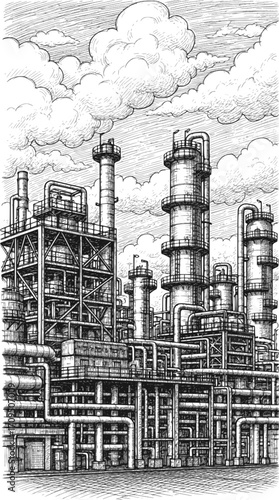 Chemistry or oil refinery plant. Vector sketch image of an industrial object for advertising and presentation purposes. EPS version.