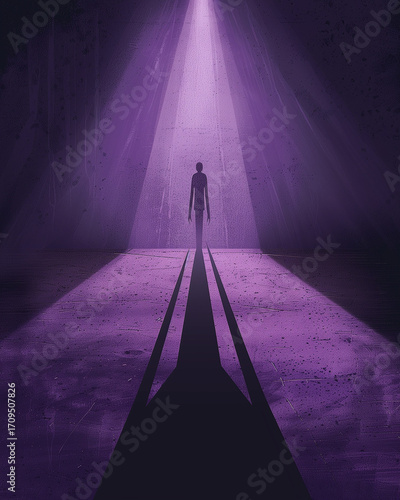 Eerie silhouette of a futuristic humanoid being illuminated by a single purple light source, representing the dawn of a new technological age