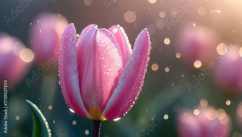 Pink tulip flower blossom bloom floral spring nature garden petals dew drops freshness beauty delicate light