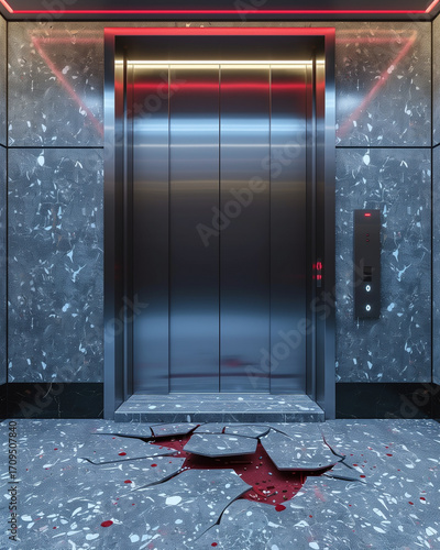 Suspenseful crime scene concept featuring a modern elevator, red neon lights, and blood on a shattered terrazzo floor