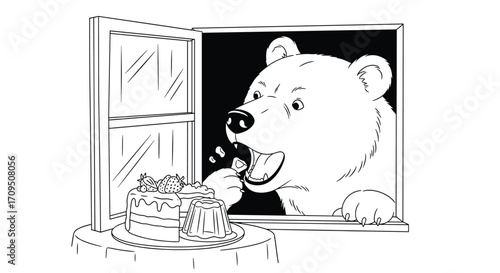 A hungry bear peeks through a window and snatches a piece of cake.