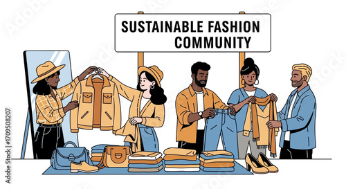 Diverse Group Engages in Sustainable Fashion Community Event, Promoting Eco-Friendly Clothing Choices