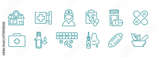 Pharmacy, medicine, drags line icon set. instruments and products associated with healthcare and wellbeing. Vector editable stroke signs.