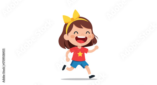 An energetic young girl with a yellow bow running happily outdoors.