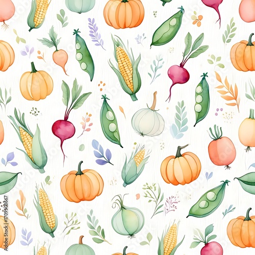 Watercolor Vegetables Seamless Pattern of Pumpkins Corn Peas Radishes and Onions for Harvest Season and Farm Fresh Food