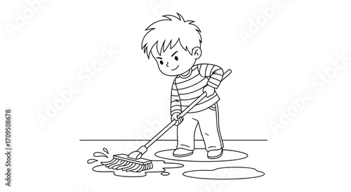 A young boy is happily mopping the floor with a cleaning tool.