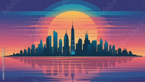 Cityscape skyline silhouette vector illustration with sunset background and water reflection scene artwork design