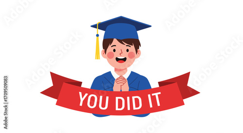 A smiling graduate in a cap and gown celebrates their academic achievement.