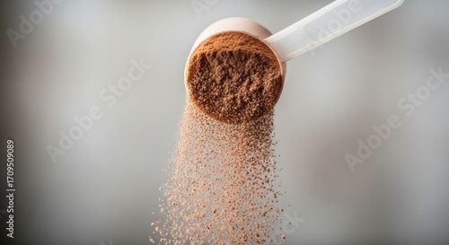 Closeup of a scoop of chocolate protein powder falling into a fine dust, representing fitness and nutrition