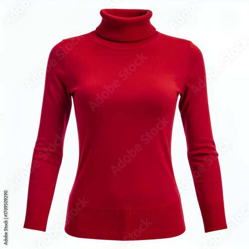 Crimson turtleneck sweater on pure white, a modern wardrobe essential item