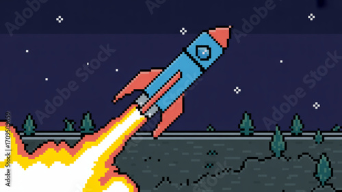 Pixel art rocket ship launch illustration for space exploration and science fiction themed designs and projects