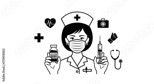 Illustration of a nurse with vaccine vial and syringe surrounded by medical symbols in black and white created with generated ai
