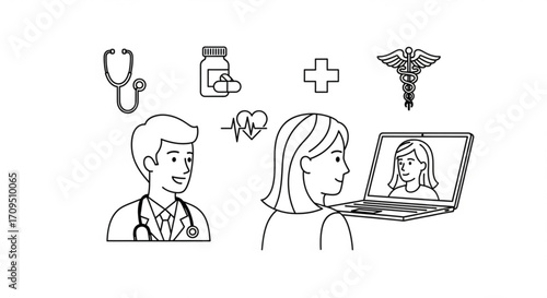 Telemedicine consultation with doctor and patient on laptop with medical symbols and healthcare icons created with generated ai