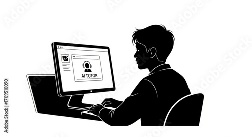 A person using a computer with ai tutor displayed on the screen and a laptop on the desk in black and white created with generated ai