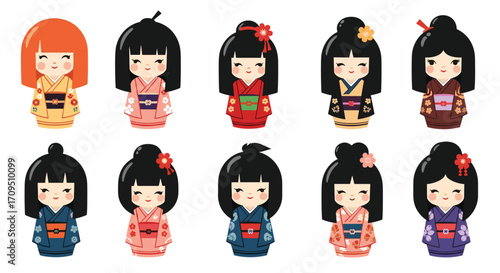 A collection of traditional japanese kokeshi dolls with unique hairstyles and colorful kimonos.