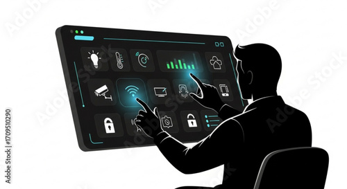Silhouette of a man interacting with a smart home control panel interface on a large touch screen device created with generated ai