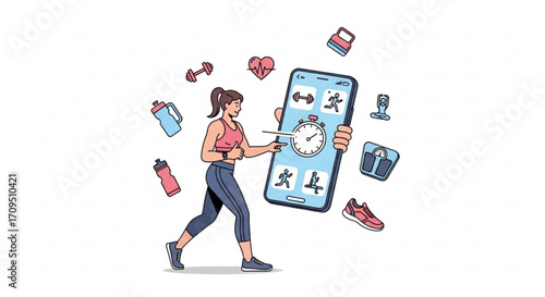 Woman pointing to fitness app on smartphone with icons for health and exercise activities around it created with generated ai