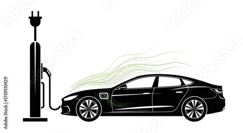Illustration of a black electric car charging at a charging station with green energy lines above car created with generated ai