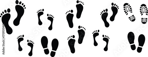 Human Footprints Trail Vector Set – Barefoot, Shoe Tread, Footstep Icons and Silhouette Collection