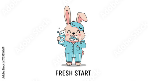 A cheerful bunny in blue pajamas holding a cup of bubbly drink.