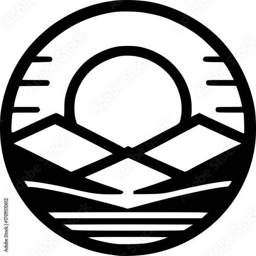 Mountain Sunset Emblem: An illustrative emblem of the mountain sunset, featuring a stylized sun descending behind majestic mountains. The scene radiates serenity and the promise of a new day. 