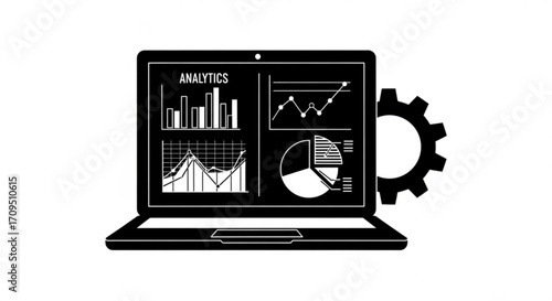 Laptop displaying analytics charts and graphs with a gear icon on the right side of the screen created with generated ai