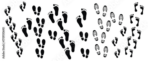 Human Footprints Trail Vector Set – Barefoot, Shoe Tread, Footstep Icons and Silhouette Collection