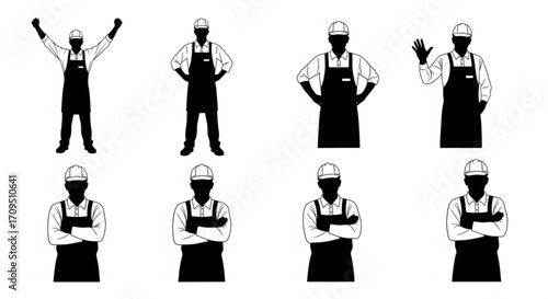 Silhouettes of workers in various poses wearing aprons and hard hats on a white background created with generated ai