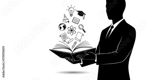 Silhouette of a man holding an open book with educational symbols floating above it in black and white style created with generated ai