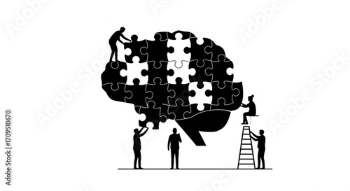 People assembling a brain puzzle with teamwork and collaboration on a white background illustration created with generated ai