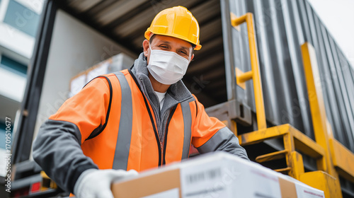 Cold Chain Logistics Pharma. Detailed scene of a worker carefully moving temperature-sensitive vaccines from a refrigerated truck to a secure storage unit.