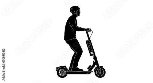 A person riding an electric scooter wearing a helmet in black silhouette on a white background style image created with generated ai