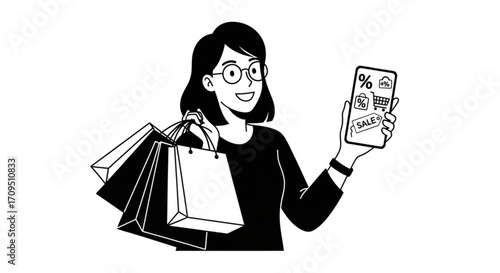 Woman holding shopping bags and smartphone showing online sales and discounts offers promotion app created with generated ai