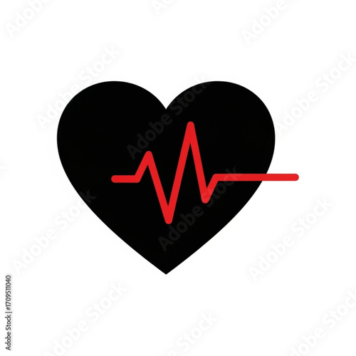 Black heart shape with a red heartbeat line going across it on a white isolated background view created with generated ai