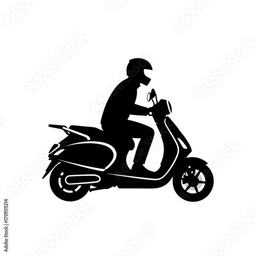 Silhouette of a person riding a scooter wearing a helmet on a white background in a simple clean style created with generated ai