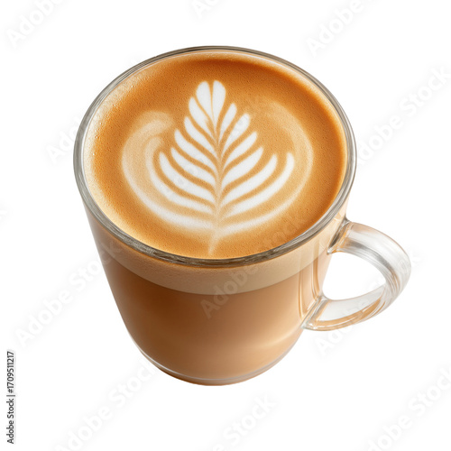 A freshly brewed hot latte with intricate foam art a beautiful leaf pattern gracing the surface in a clear glass mug isolated on a pure white background PNG no background