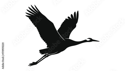 Minimalist black silhouette of a migratory crane bird isolated on a white background