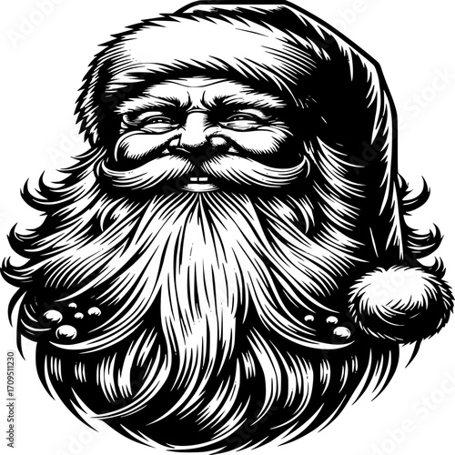 Santa Claus in Monochrome: An intricately etched, monochrome illustration unveils a close-up portrait of Santa Claus, with the serene smile and flowing white beard.
